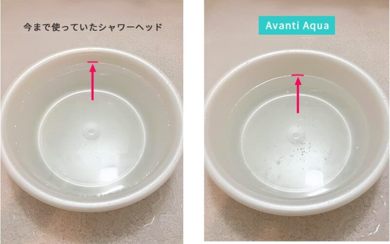Avanti Aquaと今まで使っていたシャワーヘッドを使用したときの、10秒間の水量の比較の写真
